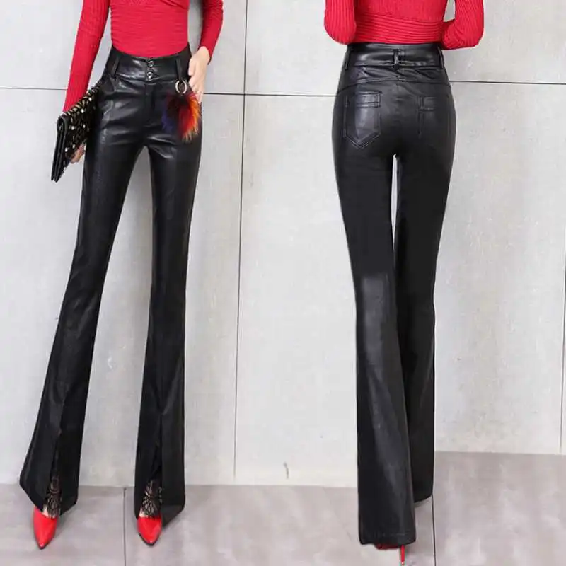 Leather pants flared pants female autumn and winter new tummy hip casual trousers wild high waist lace stitching pants