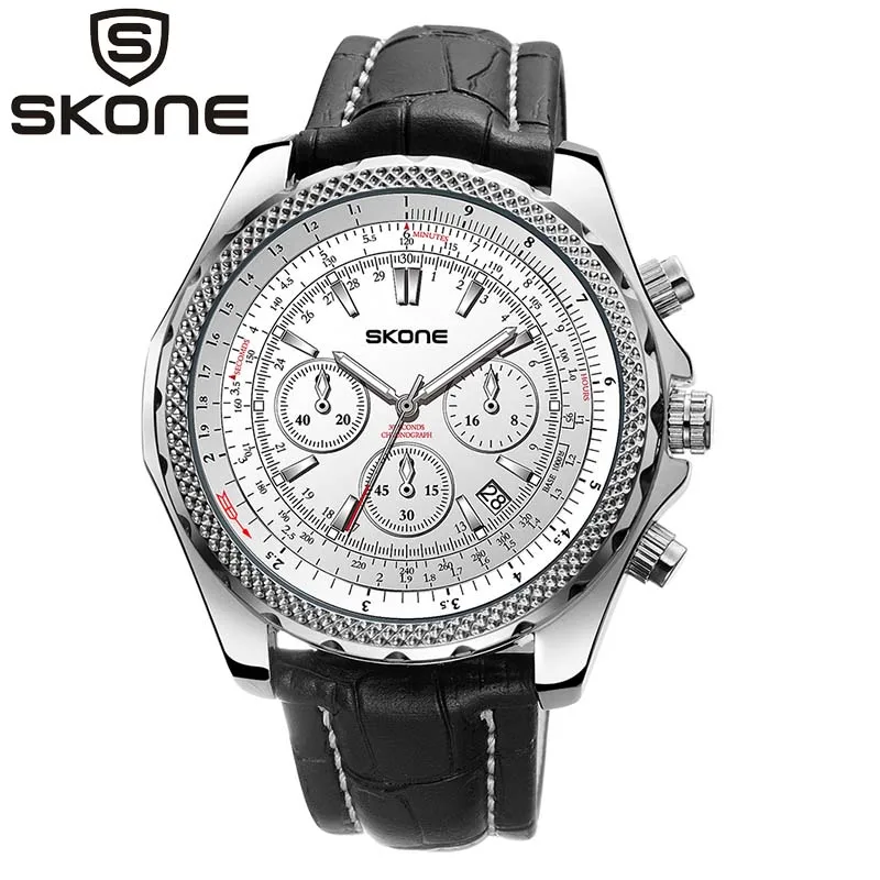 SKONE мужские бизнес кожаные часы люксовый бренд белый и черный хронограф Мужские