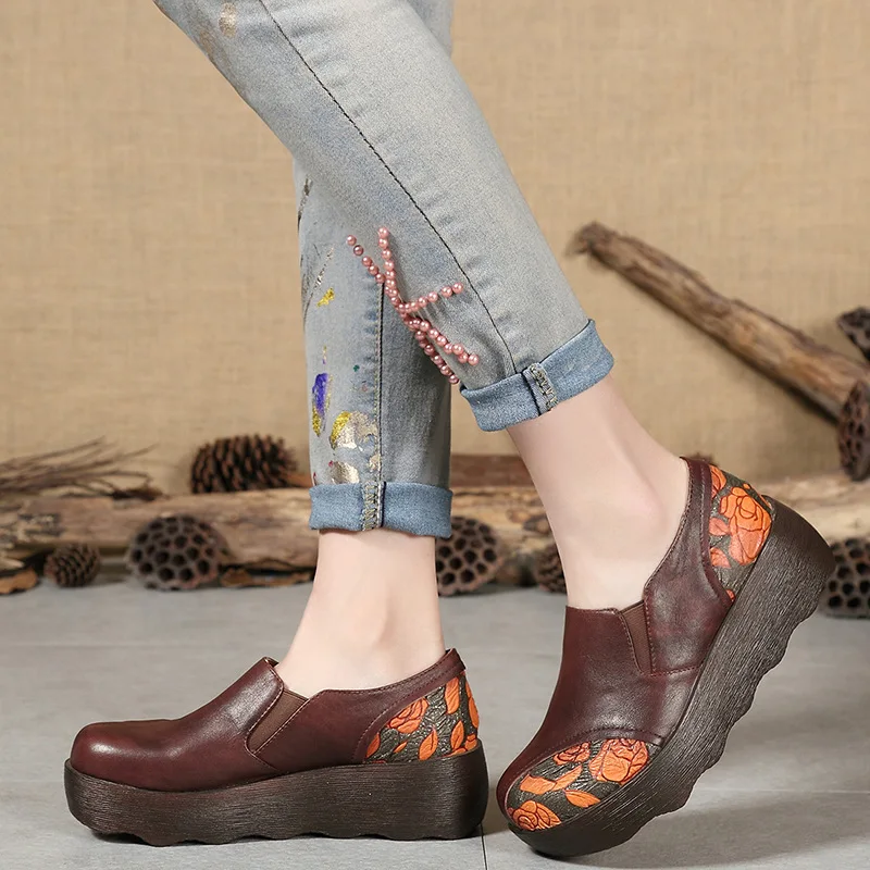 

Women Leather Pumps Wedge 6 CM High Heels Shoes Embroidery Leather Women Pumps Slip On Handmade Genuine Leather Women Lazy Shoes