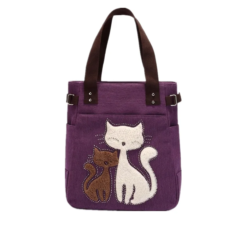  2017 Women's handbag canvas bag with cute cat Appliques portable fashion ladies small bags 