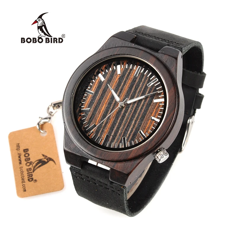 BOBO BIRD WB13 Ebony Wooden Watch Cool Lug on 4 O'Clock Wood Dial Face Leather Band Watches for Men
