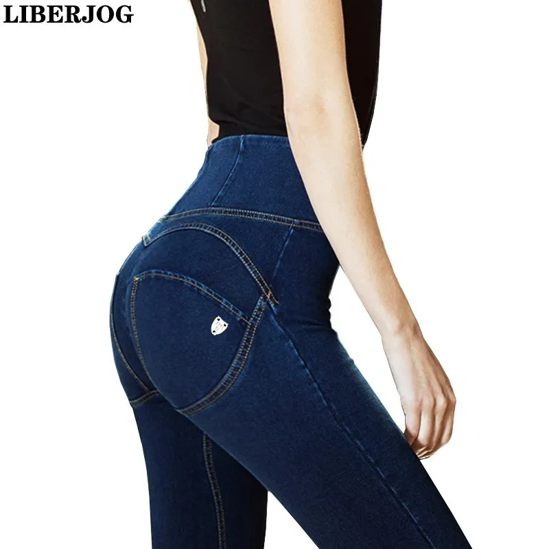 

LIBERJOG Women High Waist Jeans Slim Elastic Push Up Hips Knitted Denim Pants Zipper Fitness Female Stretch Casual Trousers