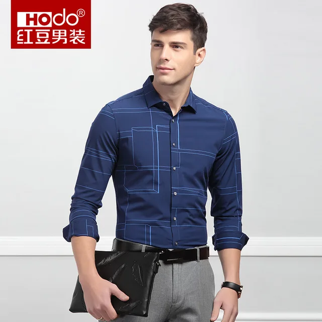 Hodo Brand Men Striped Shirt Long Sleeve Blue Slim Casual