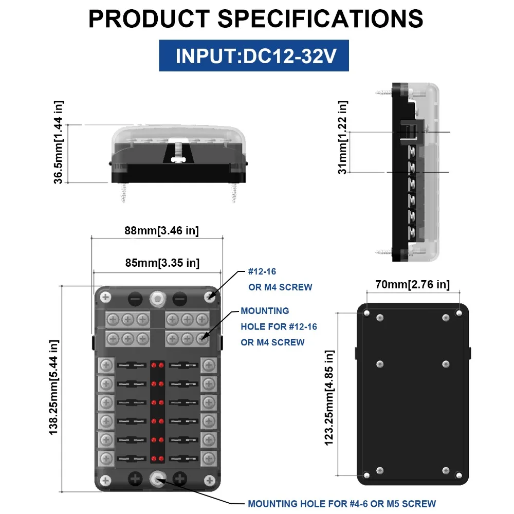 WUPP Car Fuse Box 12 Way 10 Way 8 Way 6 Way M5 Stud independent positive and negative for Auto Car Boat Marine Trike Caravan