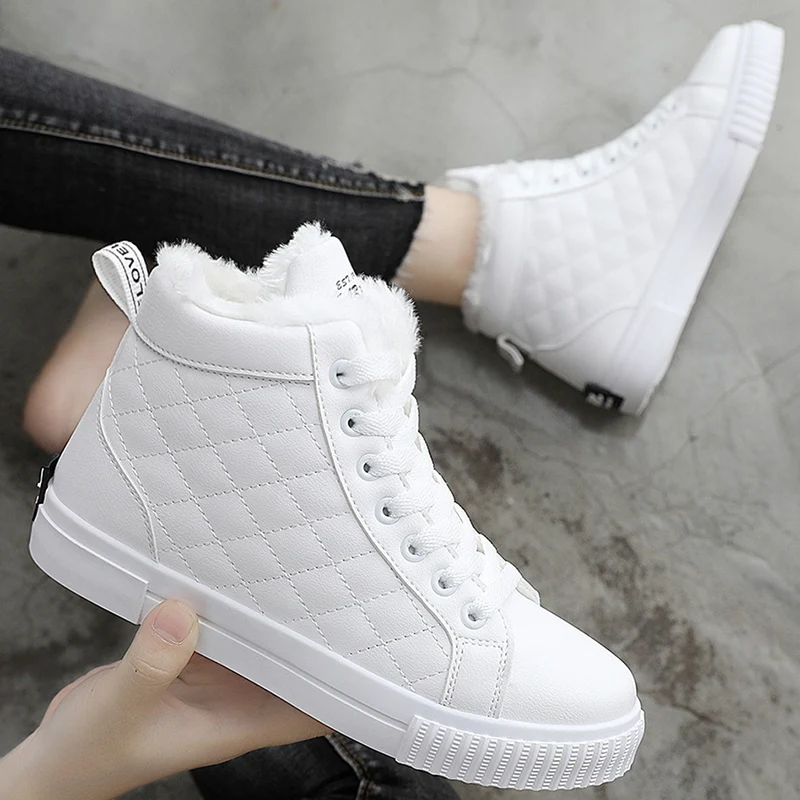 

Warm Women Casual Shoes Winter Women Sneakers Warm Plush Breathable Flats Platform Fashion Lace-Up High Top Women Shoes