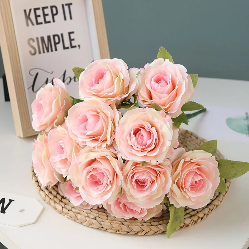 Flone Artificial Silk Rose Flower Bouquet Fake Flowers 12 Head Small Fresh Wedding Rose Decoration Home Decoration Accessories (7)