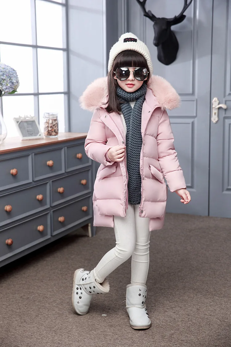 Модный Детский пуховик России зимняя куртка для девочек, пуховик на утином пухе; детская верхняя одежда для холодной погоды, куртка на мороз до-30 градусов теплое пальто