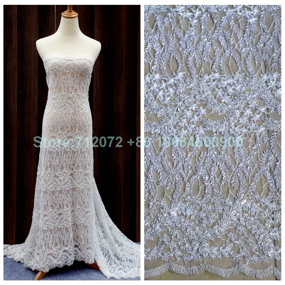 

New Off white/gold/black heavy beaded fashion thread hight quality embroidered wedding/ evinging dress lace fabric 1 YARD