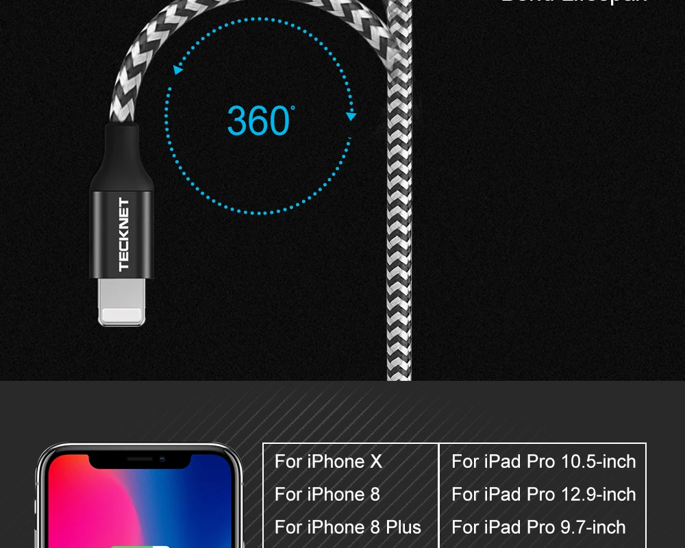 TECKNET usb кабель для iphone 8, 7, 6 plus, 6s, 5, 5S, se, X, ipad mini, кабели для быстрой зарядки, зарядное устройство для мобильного телефона, шнур, адаптер для передачи данных