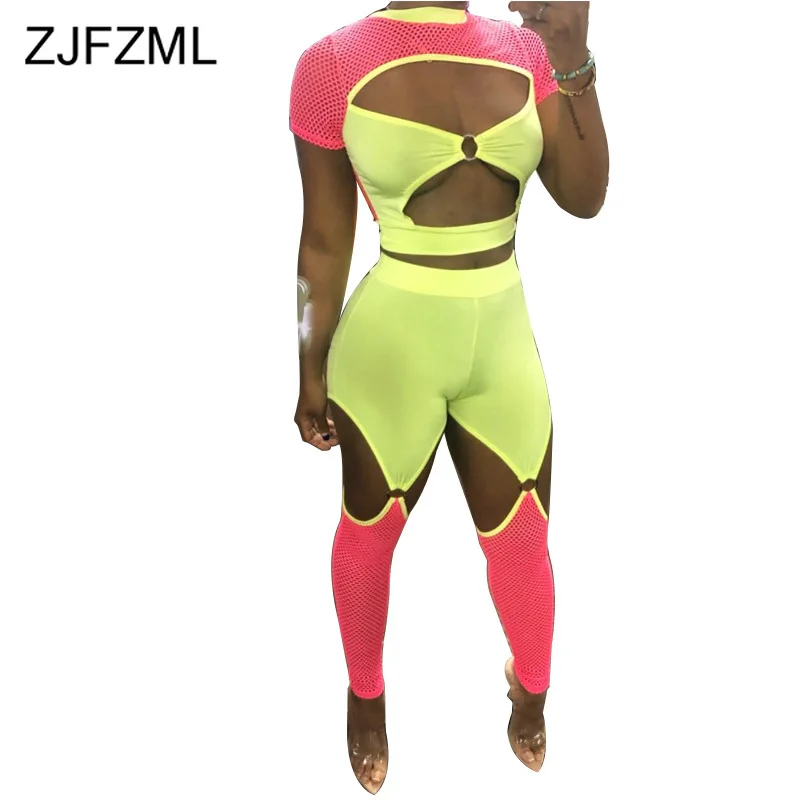 

Women Two Piece Set Sexy Mesh See Through Club Outfits Short Sleeve Hollow Crop Top+ Bodycon Pants Summer Neon 2 Piece Tracksuit