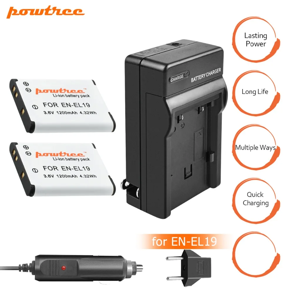 

2X EN-EL19 EN EL19 ENEL19 3.6V 1200mAh+Battery Charger+Car Charger for Nikon S2500 S100 S2600 S3100 S3200 S3300 S4100 S4200 L10