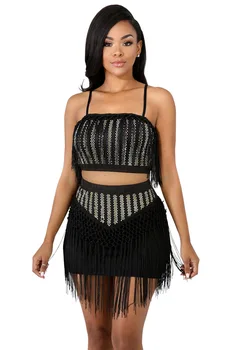 

2020 Time-limited None O-neck Sleeveless Women's Free Shipping Hot Drilling Fringe Pack Hip Skirt Set Sling Sexy Nightclub Wear
