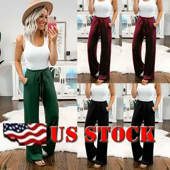 

2019 Brand New Style Fashion Women Summer Beach High Waist Lace-up Long Pants Casual Straight Loose Trousers