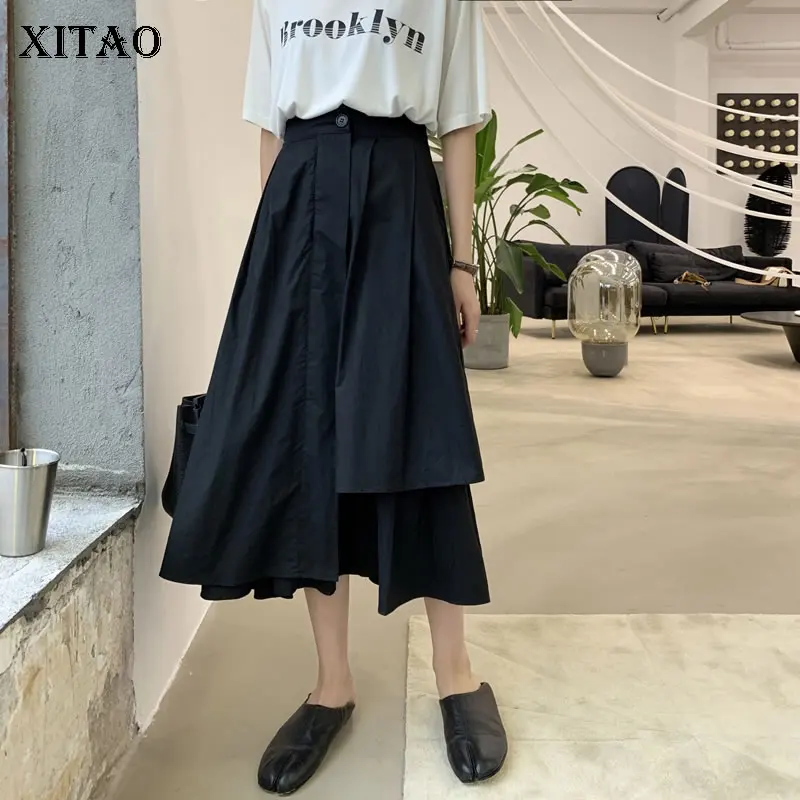 

[XITAO] Spring Summer 2019 Women New Korean Loose Thin Fashion Solid Color Asymmetrical Patchwork Button Match All Skirt ZQ1177