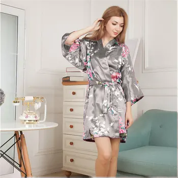 

Gray Summer Women's Kimono Robe Bathrobe Sleepwear New chinese Female Faux Silk Bath Gown Nightgown Mujer Pijama One Size 004