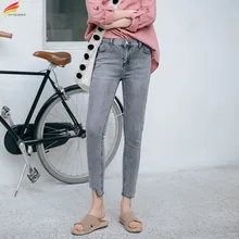 Высокая талия джинсы для женщин г. Весенняя мода уличная деним приталенные Стрейчевые штаны женский тертые обтягивающие синий серый