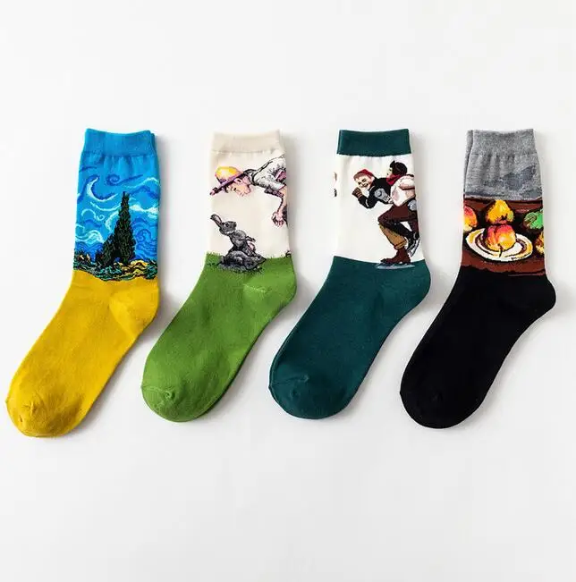 

2018 spring and autumn retro oil painting starry two boys rabbit apple plate cotton socks personality men's socks