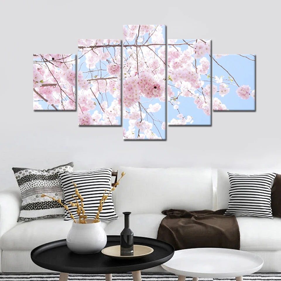 

Popular For Living Room Wall Art Paintings Canvas Frame Print Oil Artwork HD 5 Pieces/Set Beautiful Sakura Tree Home Decoration