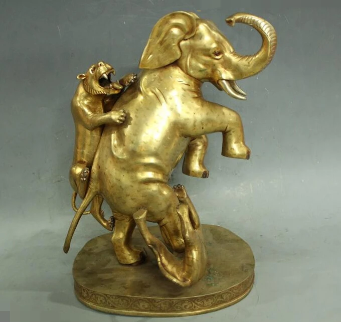 

15"China Purple Bronze 24K Gold lifelike Lucky elephant tiger fight Statue R0715 Discount 35%