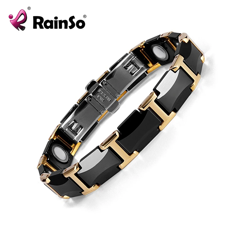 Rainso Black Ceramic Tungsten Steel Charm Magnetic Health Care Link Bracelets for Women with Gold color ORB-216-01BKG