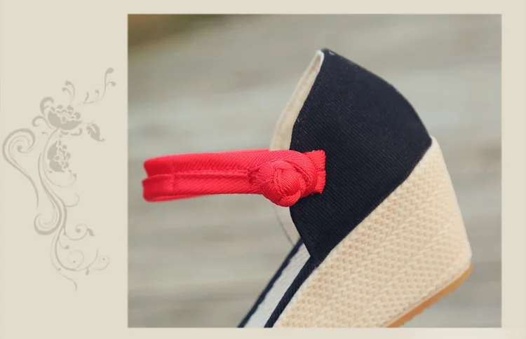 Женские Этнические сандалии с вышивкой; Летние парусиновые туфли на танкетке; женские Босоножки с открытым носком на высоком каблуке в национальном стиле; SH022502