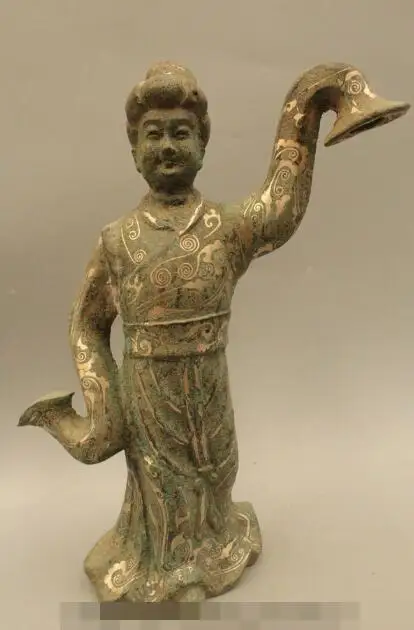 

S2504 15" Ancient China Chinese Dynasty Palace Bronze Silver Maidservant Maid Statue