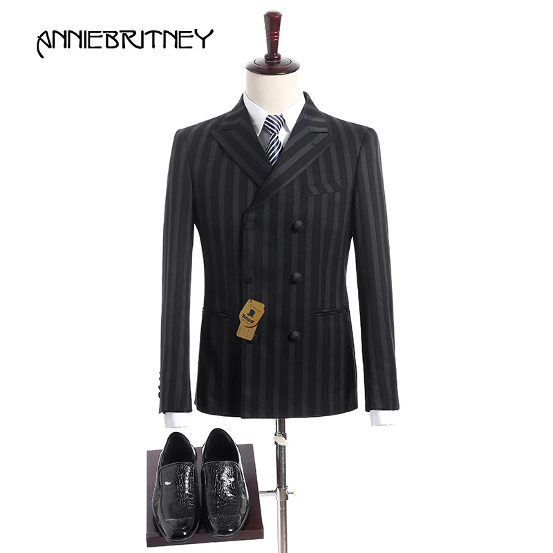 2018 Black Stripes Wedding Suits Men Double Breasted Suits Groom Tuxedo Slim Fit 2 Piece Jacket Blazer Prom WearTerno Masculino