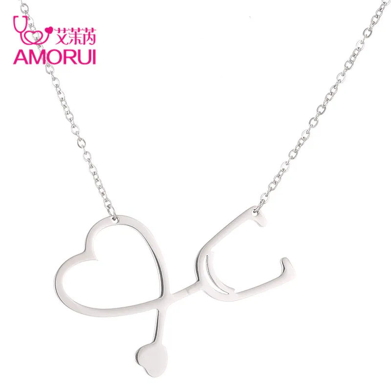 AMORUI Women Love Heart Necklaces Gold Silver Stethoscope Collar Chain Necklace Jewelry Women Necklaces Pendants Collares Mujer