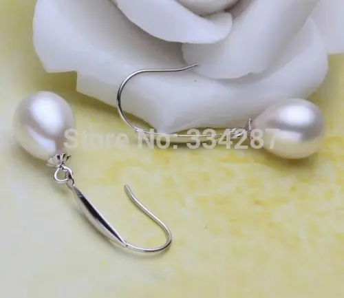 

Natural 9-10mm white Oval AAA+ pearl Dangle earrings 100% 18K White Gold