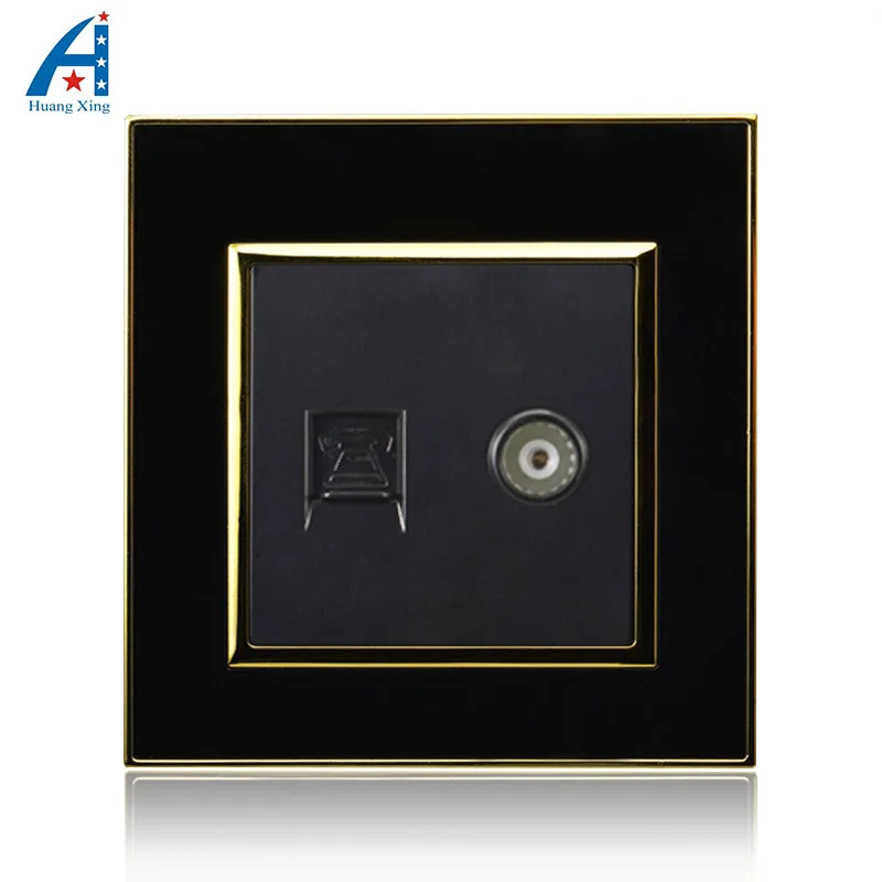 

Free shipping, Phone and TV port wall socket, luxury black crystal acrylic panel, HUANGXING electrical Wall Outlet