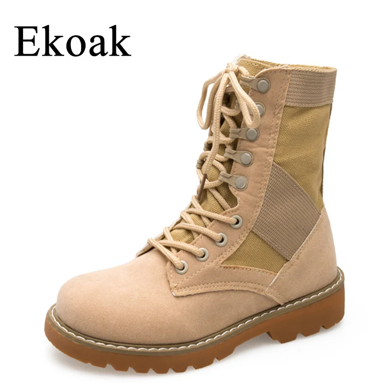 

Ekoak Fashion Cow Suede Leather Military Boots Motorcycle Boots Autumn Ankle Boots for Women Ladies Martin Boots Shoes Woman