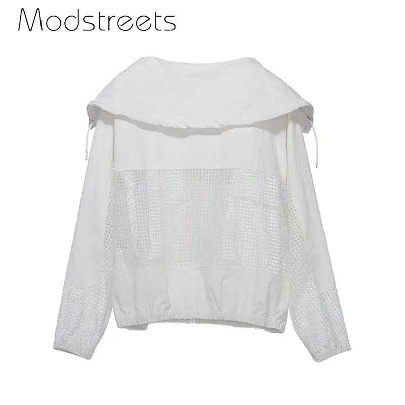 Modstreets Hollow Out Women Basic Jacket Solid White Drawstring Transparent Zipper Casual Thin Slim Autumn Coat Bomber Jacket