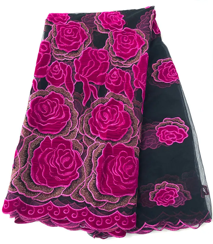 5 ярдов бархат тюль кружева АФРИКАНСКАЯ французская кружевная ткань большая Цветочная вышивка нигерийская Гана вечерняя одежда очень мягкая высокое качество - Цвет: Fushia pink