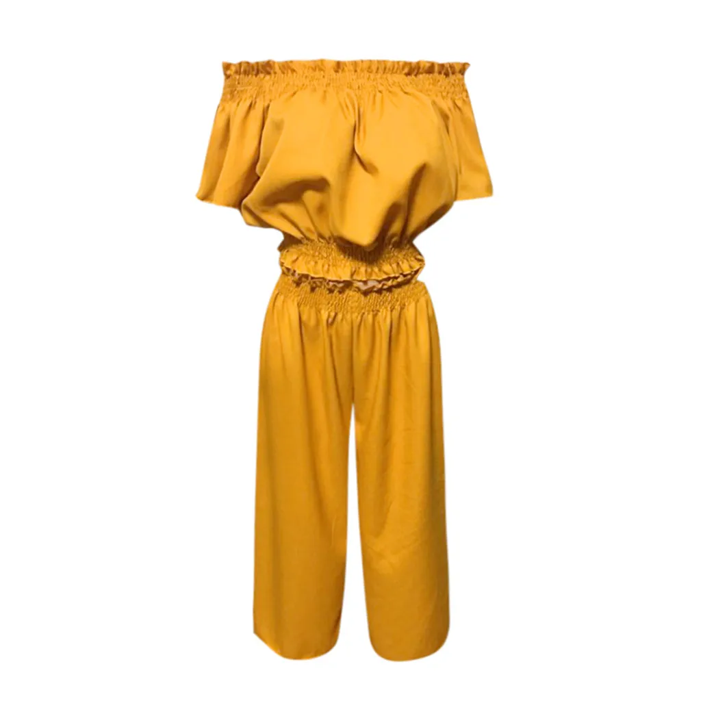 JAYCOSIN, летний женский костюм размера плюс, Одноцветный, с рюшами, с вырезом лодочкой, рукав-лепесток, укороченный топ, широкие штаны, богемные комплекты 9042421