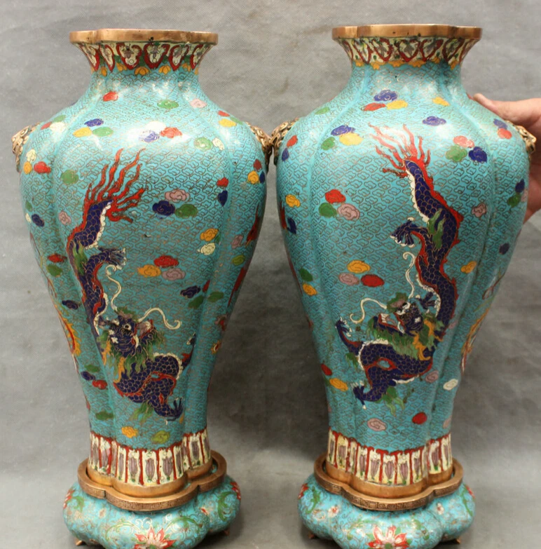 

USPS to USA S1755 19" Chinese Cloisonne Bronze Dynasty Dragon Phoenix Statue Lion Pot Vase Pair B0401