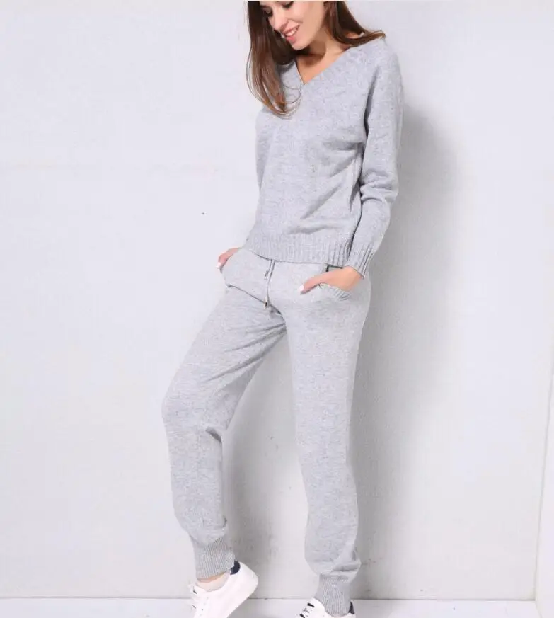 

Fashion Women's set Multicolor Knit Long Sleeve Sexy V-neck sweater Casual trousers suit Explosive Slim Two-Piece Sportswear