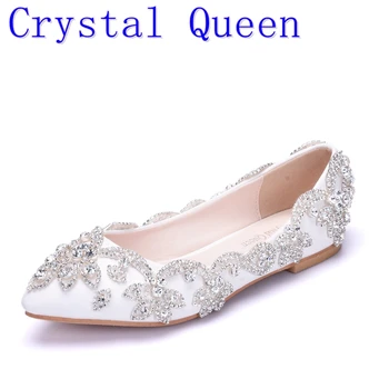 

Crystal Queen Fashion New White Flats Diamond Wedding Shoes Pointed Toe Shallow Mouth Bride Shoes Women's Party Low Heel Shoes