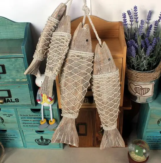 

Mediterranean Style Wooden Hanging Fish Village Decorated With And Handicrafts Animal 3D Wall Decoration Marine 1String=2pcs/set