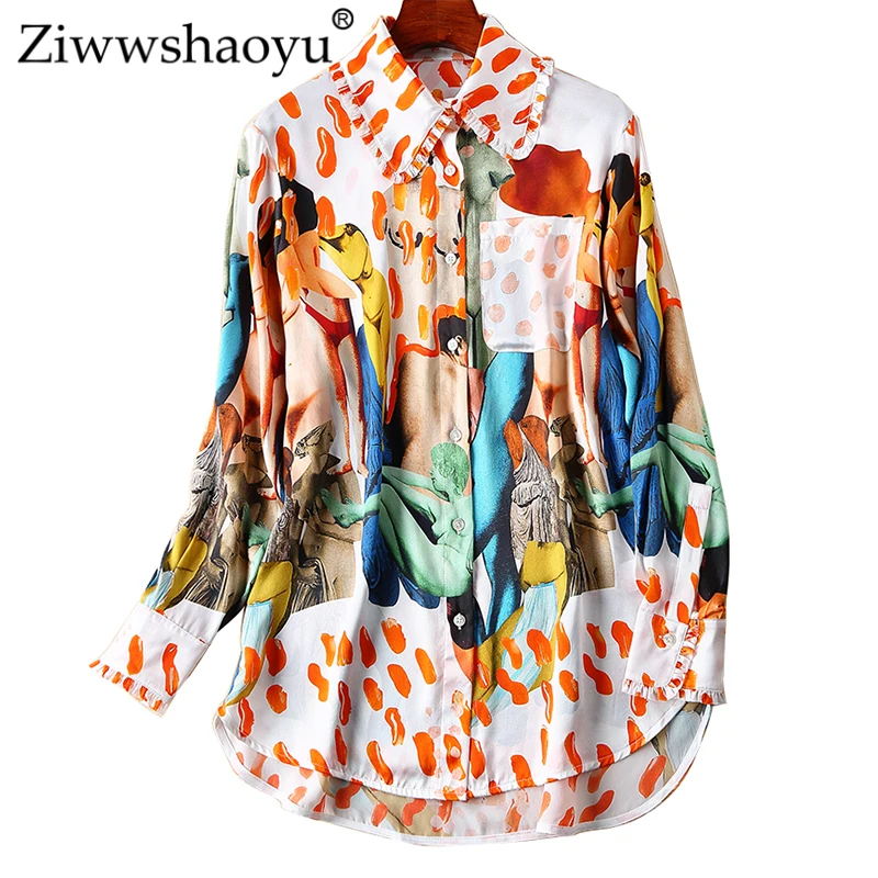

Ziwwshaoyu Elegant Silk Long shirt Vintage Turn-down Collar Print temperament Blouse 2019 spring and summer new women