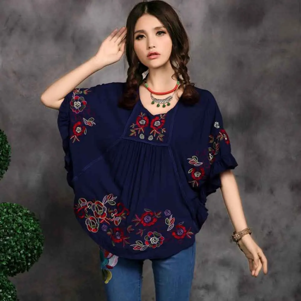 Free shipping butterfly sleve blouses cotton vintage embroidered