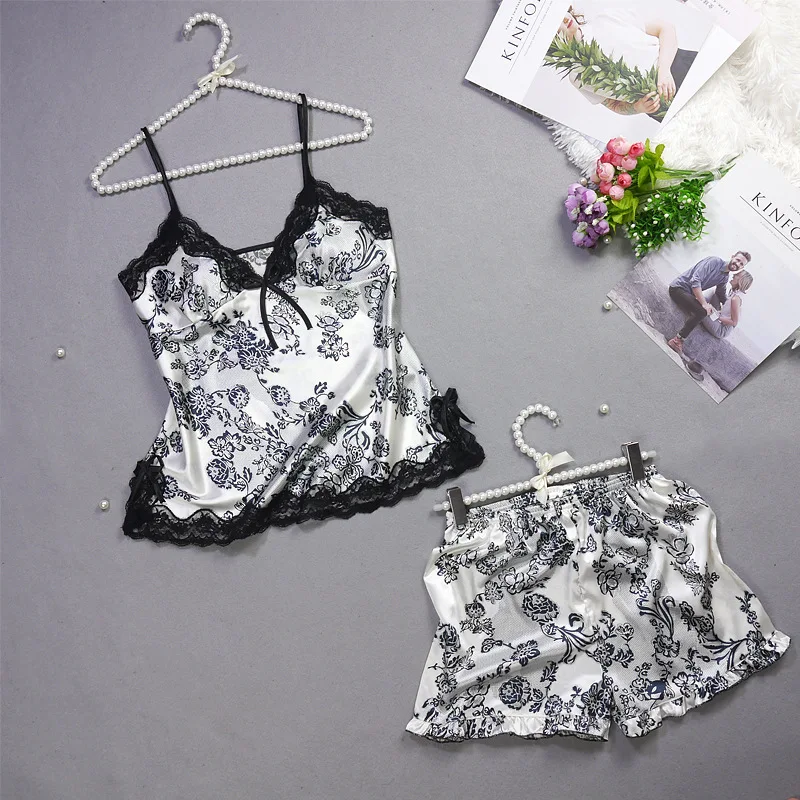 

Sexy Black Lace Women Pajama Set Summer Spaghetti Strap Sleepwear Faux Silk lounge Pijama