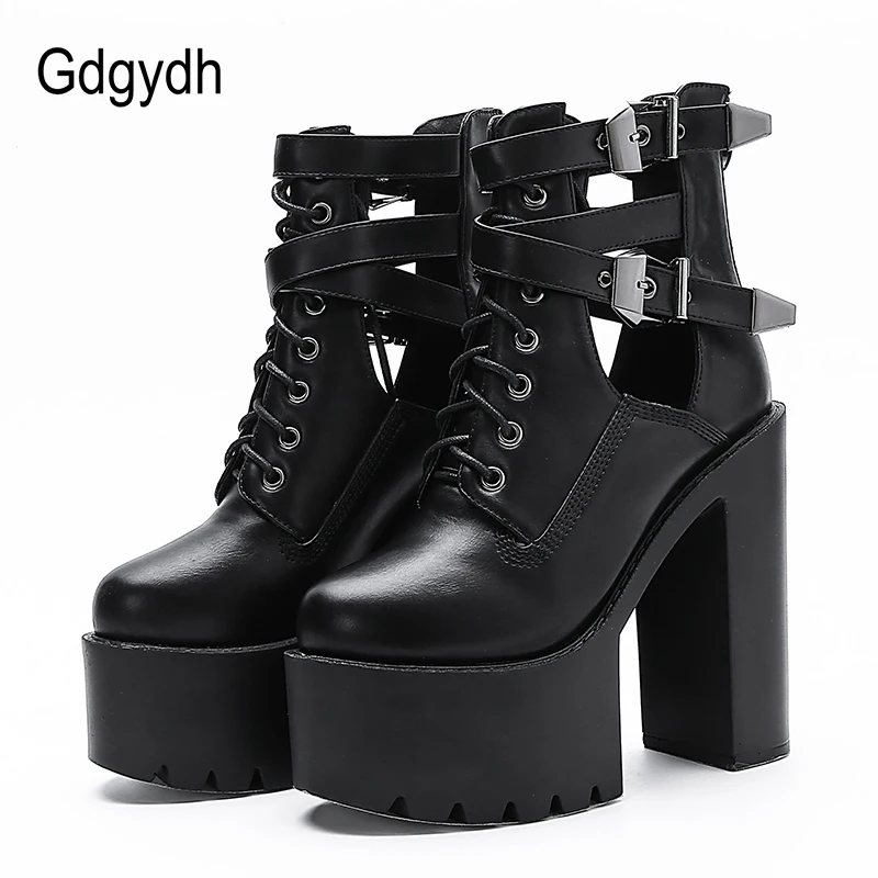 

Gdgydh Sexy Buckle Womens Nightclub Shoes High Heels Hollow Out Ankle Boots Platform Heels Gothic Black Leather Short Boots Lady