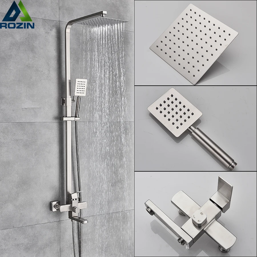 

Brushed Nickel Shower Mixers Stainless Steel Rain Shower Faucets Set System In-wall Square Hand Shower Mixer Tap