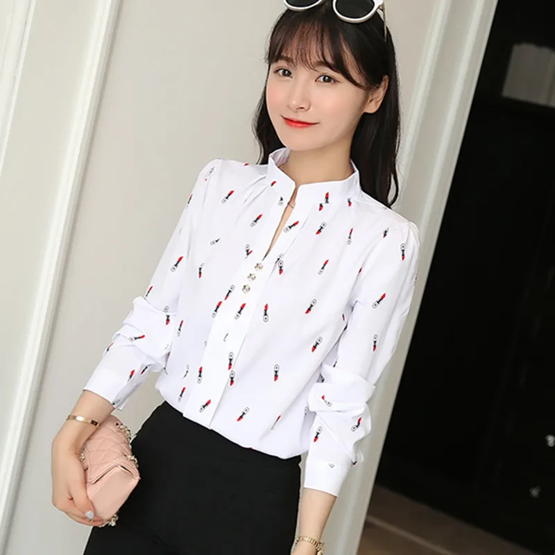 

My NewIn Spring and Autumn New Shirt Women Simple Long Sleeved Blouse Collar V Lipstick Print All-match Blouses Blusa