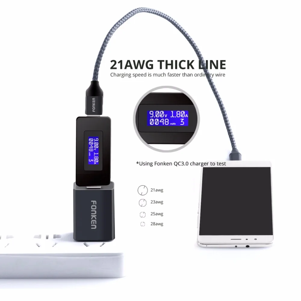 3 قطع FONKEN نوع C USB كابل شاحن سريع نوع-C شحن كابل 2128AWG 2.4A USB C سريع تهمة الحبل للهاتف المحمول الكابلات