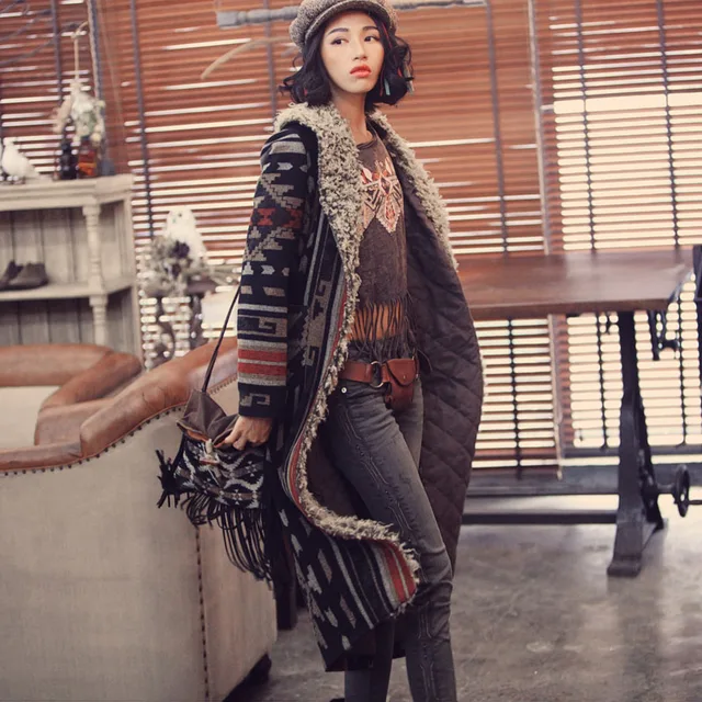 Cheap Aporia.As Winter Vintage&Retro Personality Novelty Fur Collar Ethnic IndianTotem Print Warm Thick Long Cotton-Padded Coats Parka