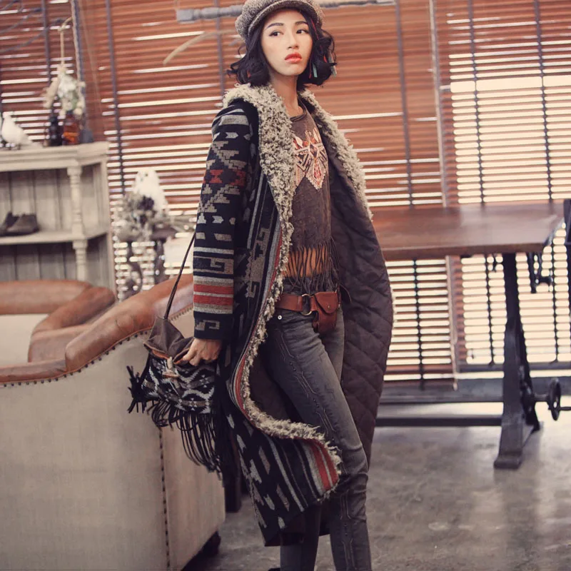 Aporia.As Winter Vintage&Retro Personality Novelty Fur Collar Ethnic IndianTotem Print Warm Thick Long Cotton-Padded Coats Parka