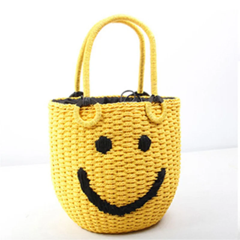 

2018 straw bag smiley handbag tote bucket type weaving handmade embroidery Mori Japanese beach bag Ladies designer handbag