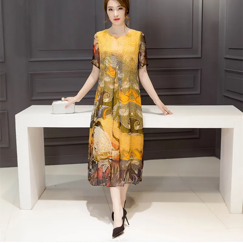 

New Arrive Summer Female Fashion Short Sleeve Printing Imitated Slik Dress O-neck Loose One-Piece Dress