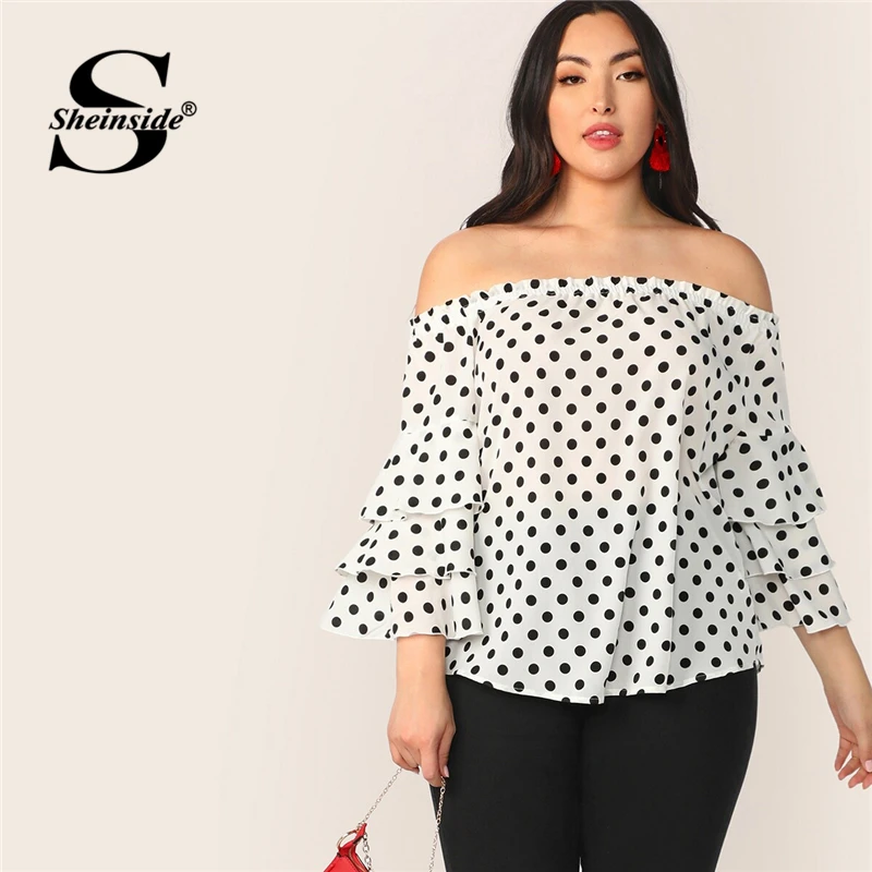 

Sheinside Plus Size Polka Dot Print Blouse Women 2019 Summer Layered Sleeve Chiffon Blouses Ladies Boho Off the Shoulder Top